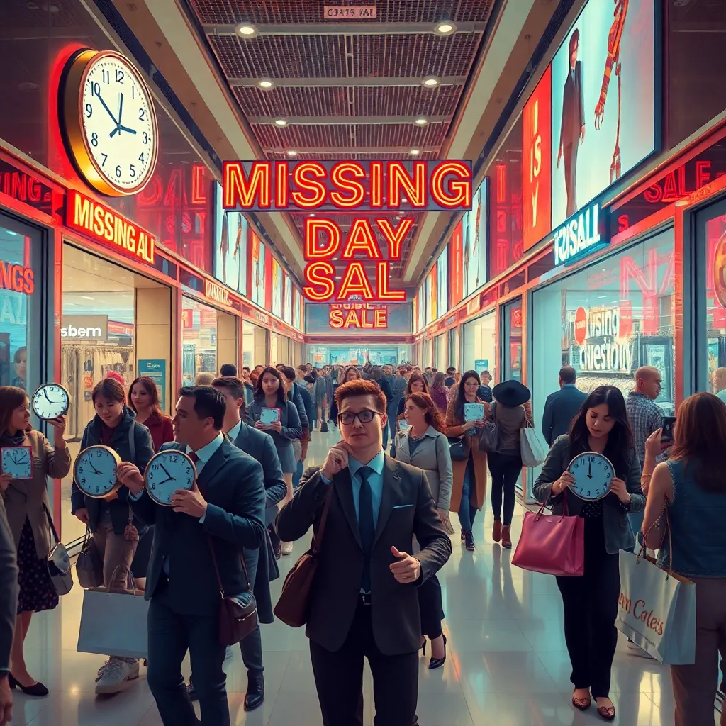 luxury shopping mall in chaos during a nonexistent day sale, shoppers holding clocks and calendars, neon signs reading Missing Day Sale, employees looking bewildered, futuristic commercial absurdity, vivid colors, realistic style