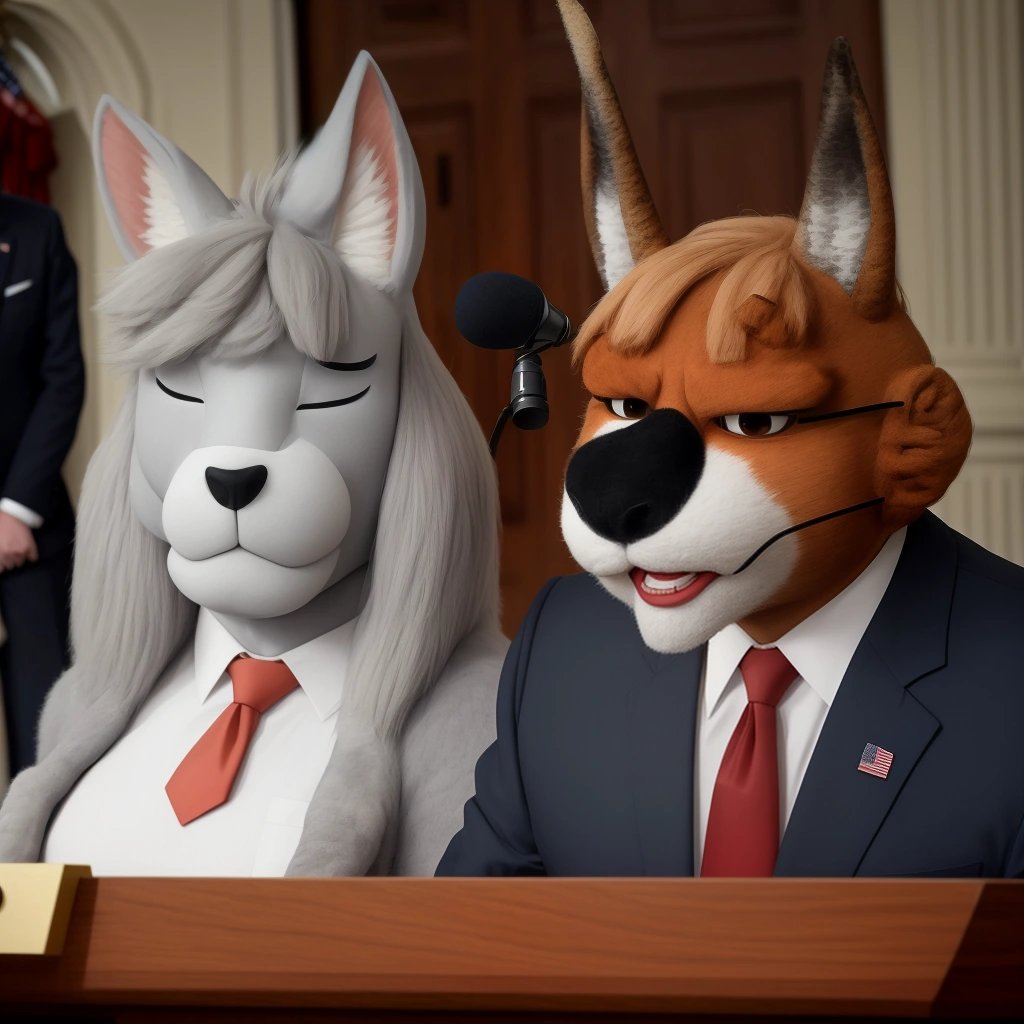 Furry president and Mr. Ed at press conference