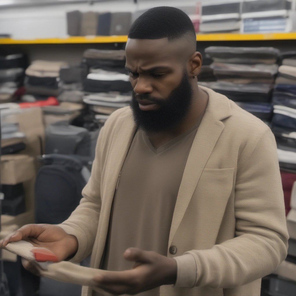 Frustrated customer holding a purchased item