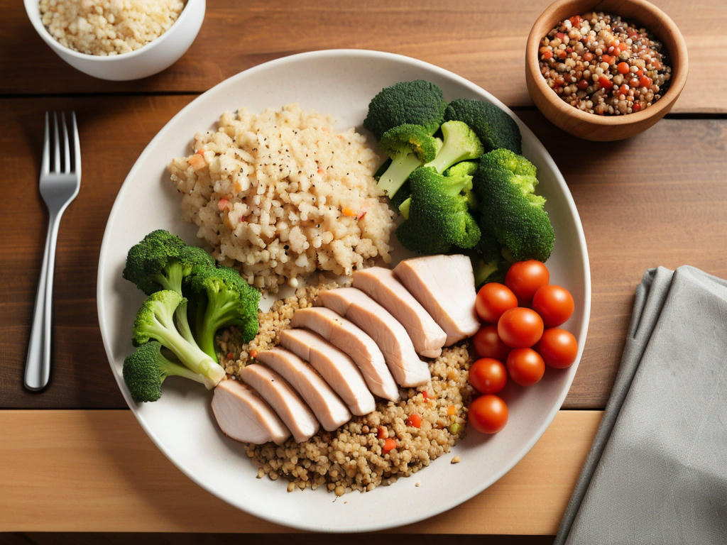 a balanced meal with high protein content, including chicken breast, quinoa, and vegetables, on a wooden table