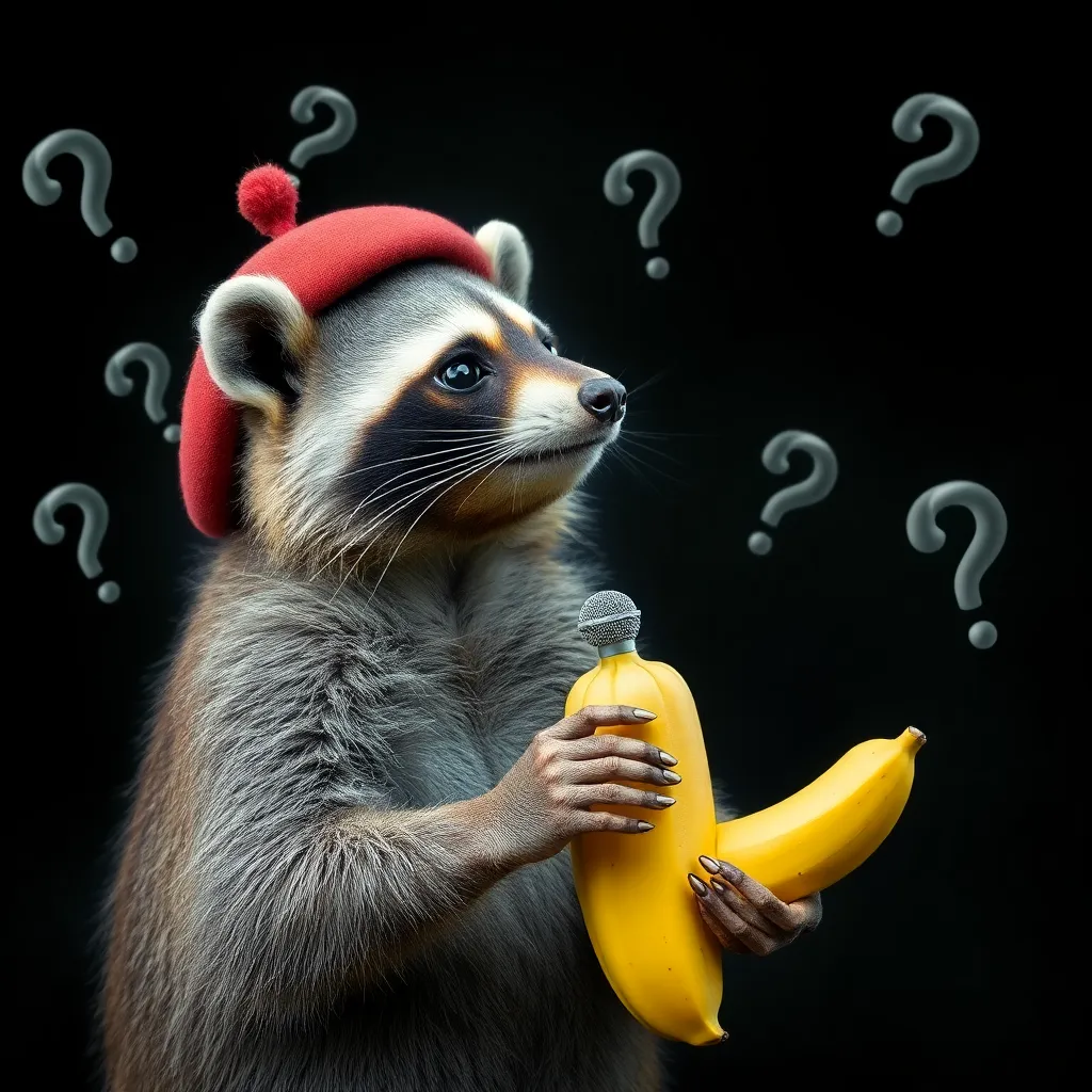 A raccoon wearing a tiny beret, staring intensely at a thesaurus while holding a banana like a microphone, surrounded by floating question marks made of smoke