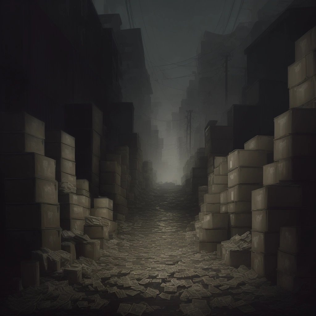 Dark alley with overflowing money stacks