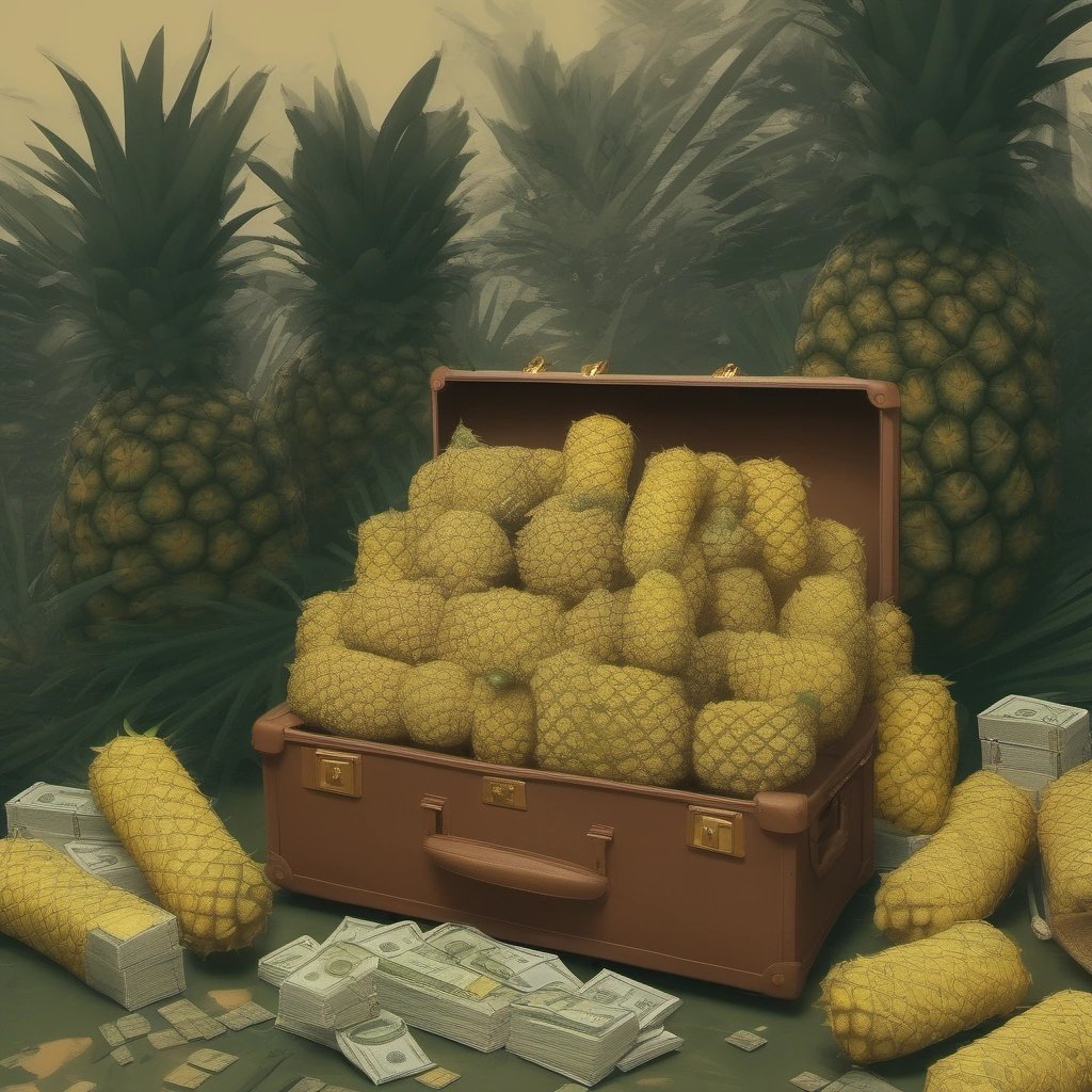Suitcase filled with pineapples and money