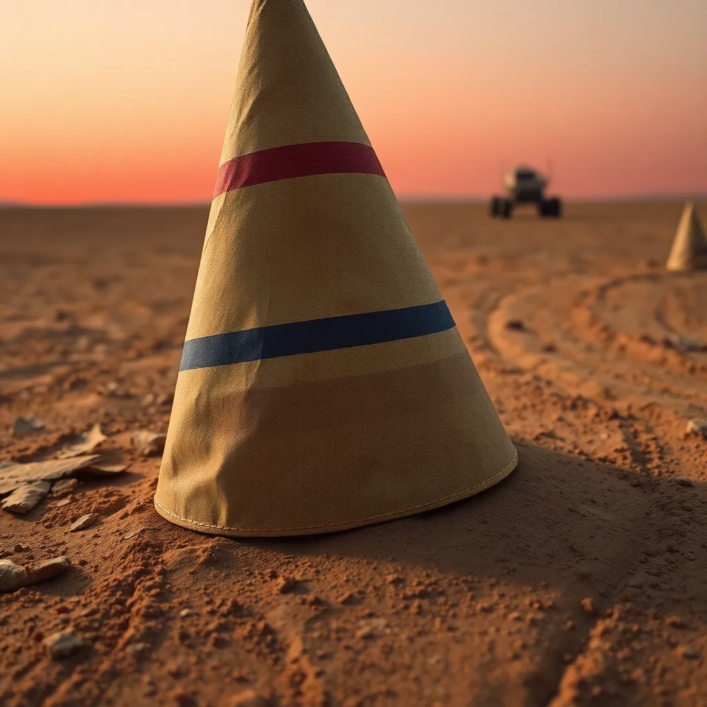 close-up realistic view of an aged cone-shaped party hat on the Martian surface, dusty fabric or paper texture, faded colorful stripes, thin elastic strap, mysterious rover tracks nearby, red horizon and cold sky