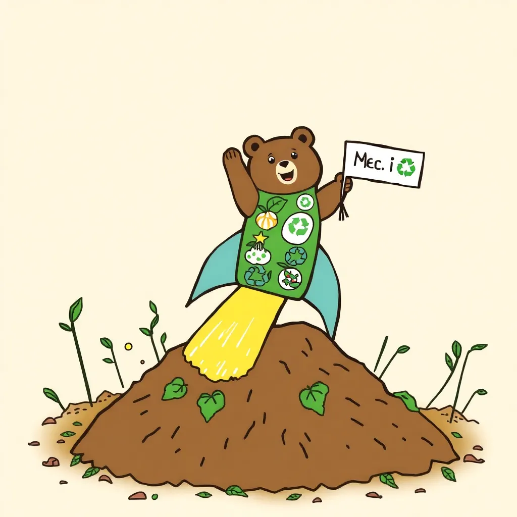 Soviet-style rocket covered in eco-stickers launching from a compost pile, with a bear holding a 'Recycle Me' sign waving goodbye