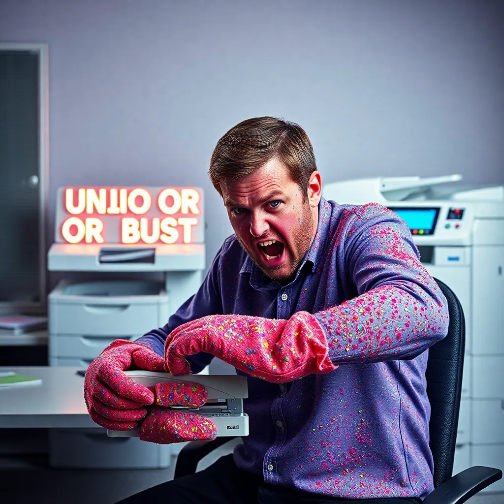 terrified office worker covered in rainbow glitter attempting to use a stapler while wearing oven mitts, photocopier in background displaying 'UNION OR BUST' in glowing letters, surreal corporate office setting