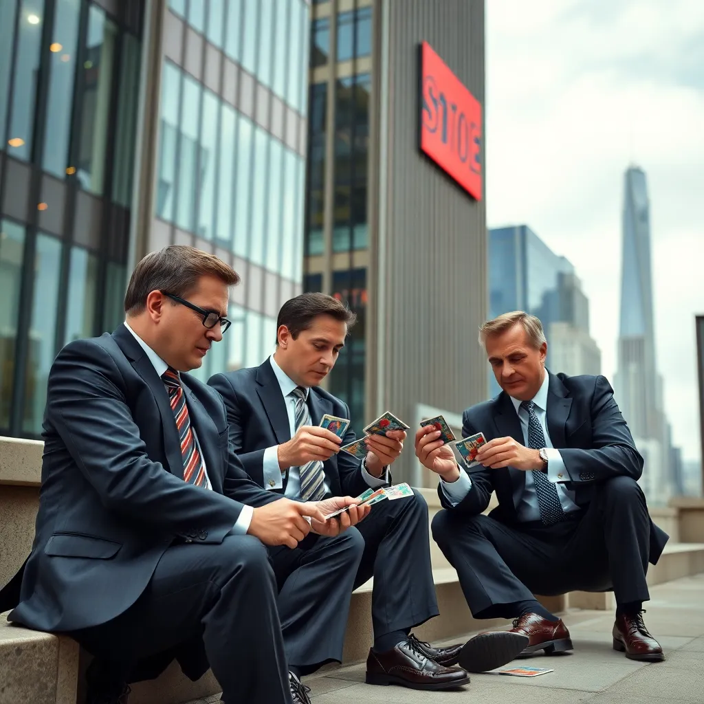 A group of wealthy hedge fund managers in expensive suits sitting on a sidewalk, desperately trading colorful trading cards and marbles, a skyscraper with a falling stock ticker in the background