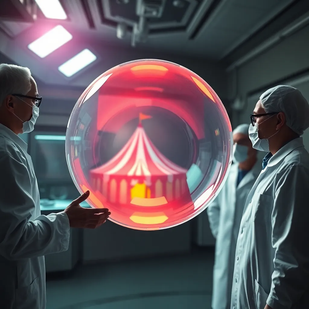 A high-tech laboratory where scientists are examining a single, glowing soap bubble held in a laser containment field, the bubble reflects a distorted circus tent inside, dramatic shadows, sci-fi aesthetic