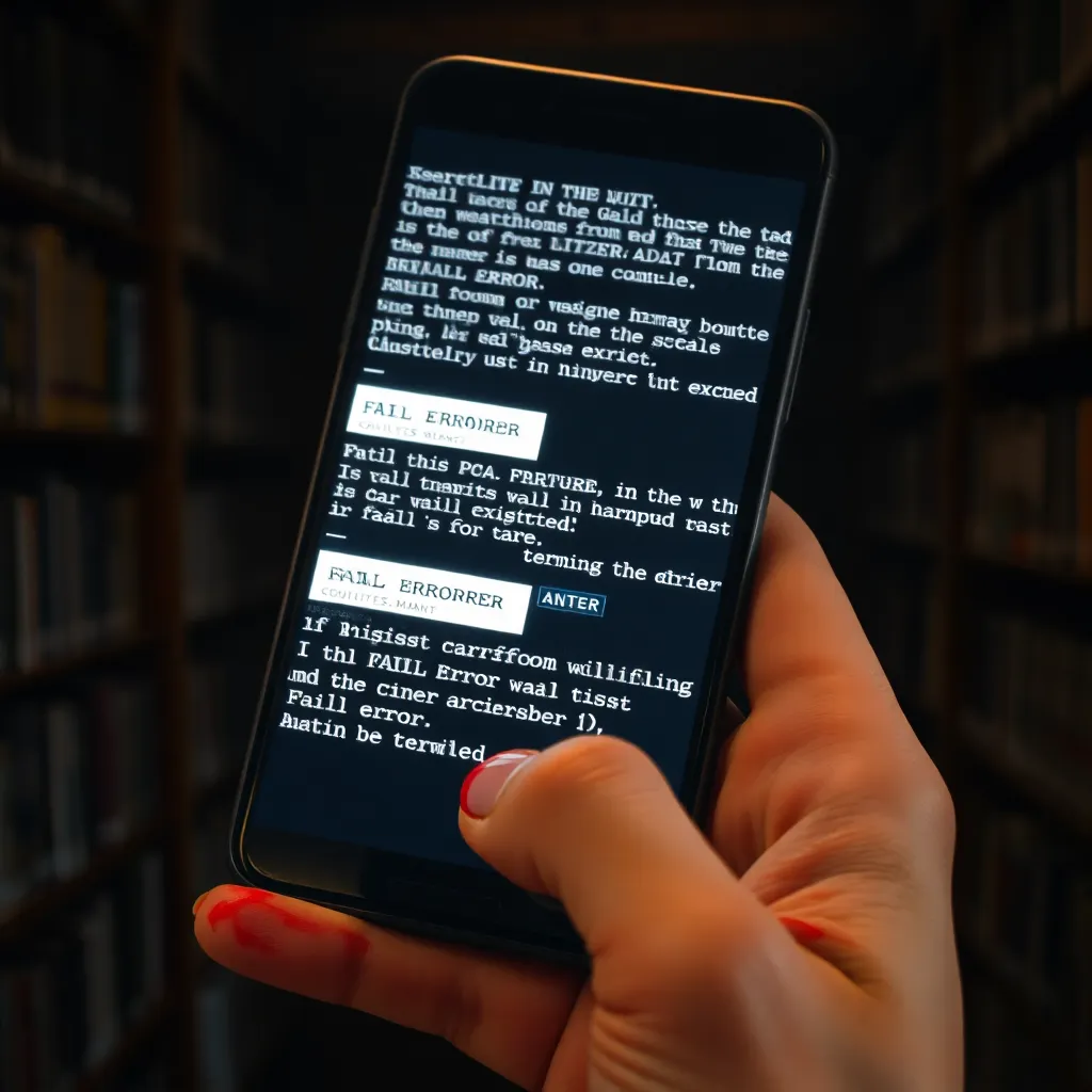 A close-up of a smartphone screen displaying a terrifying wall of white text on a black background with several 'FATAL ERROR' messages, held by a hand with ink-stained fingers in a dark library