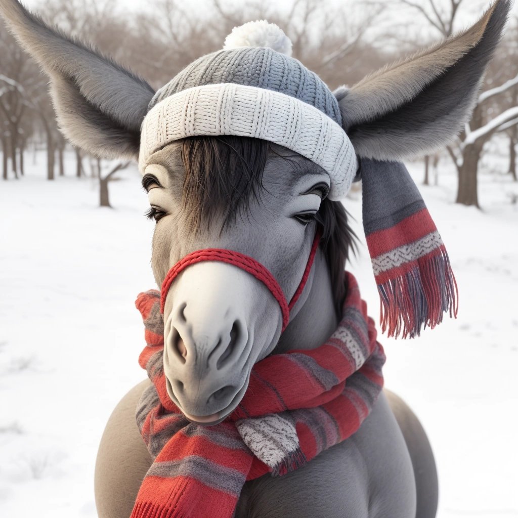 Wichita the Love Donkey wearing a winter hat and scarf
