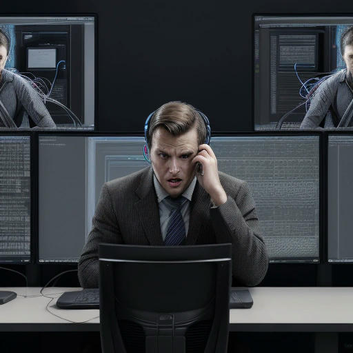 A person surrounded by screens and wires, looking overwhelmed