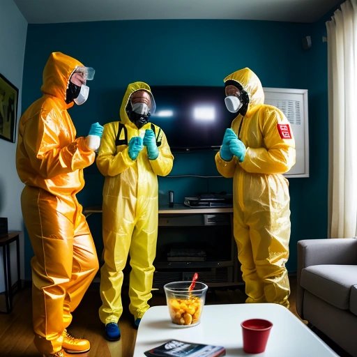 Friends in hazmat suits enjoying a movie night in their septic waste-filled living room
