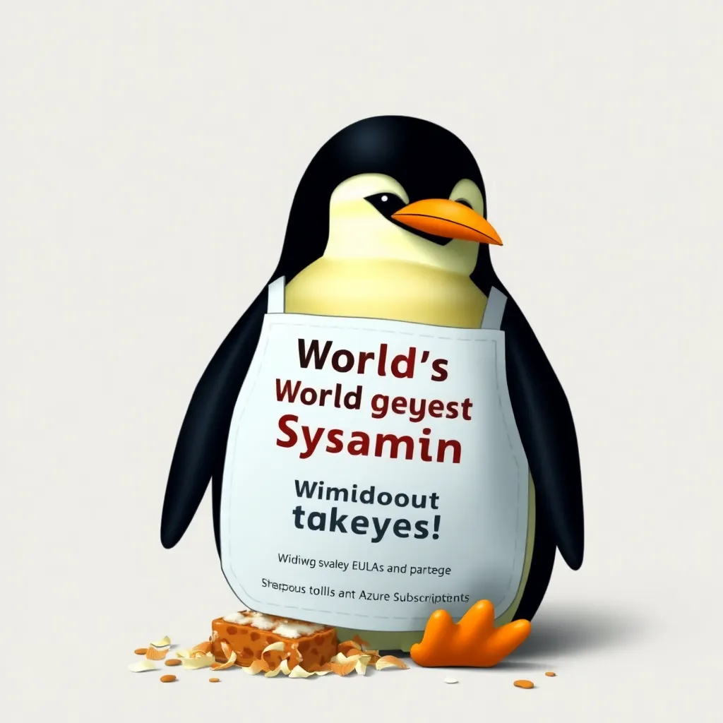 A sad penguin wearing a 'World's Okayest Sysadmin' apron trying to serve 'privacy lasagna' made of shredded Windows EULAs and Azure subscription forms