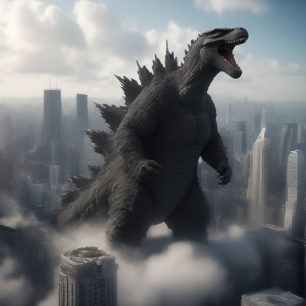 Godzilla sent flying by Boomzilla's sonic power