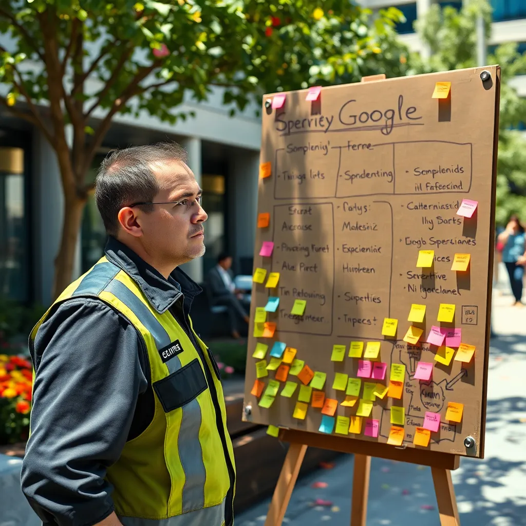 A Google security guard looking confused as a protester explains the complex lore of a fictional fantasy universe using a whiteboard made of cardboard, thousands of colorful sticky notes everywhere, sunny outdoor corporate campus.