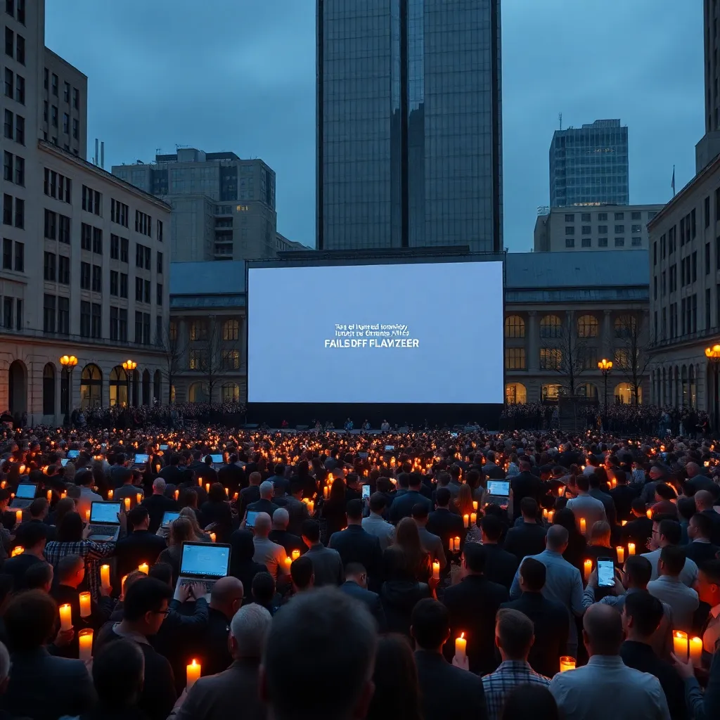 a solemn public vigil in a city square for broken internet embeds, candles glowing around oversized laptops and smartphones, mournful crowd in office clothes, one giant projection showing a failed preview placeholder, surreal and emotionally grand