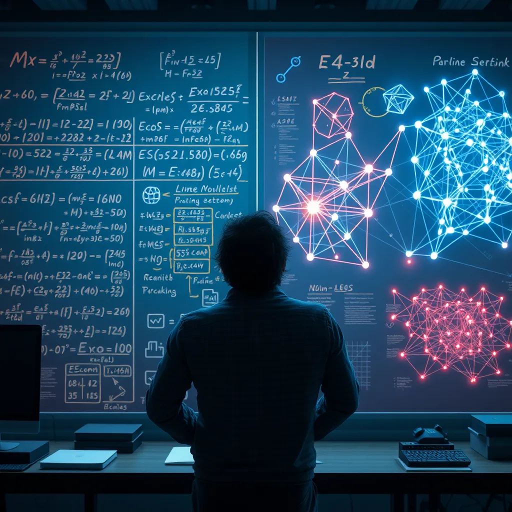 futuristic data science lab with giant transparent whiteboard covered in equations, decision trees, neural network diagrams, an exhausted engineer comparing a tiny linear model to a massive glowing deep network, cinematic realism