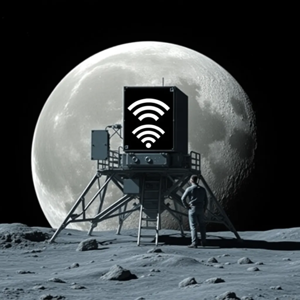 Lunar module on the Moon with a Wi-Fi signal icon and technicians scratching their heads