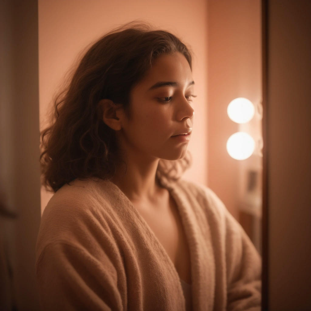 a person looking at their reflection in the mirror, subtle facial expression, soft lighting, warm colors, intimate atmosphere, cinematic, subtle makeup, natural hair, relaxed pose