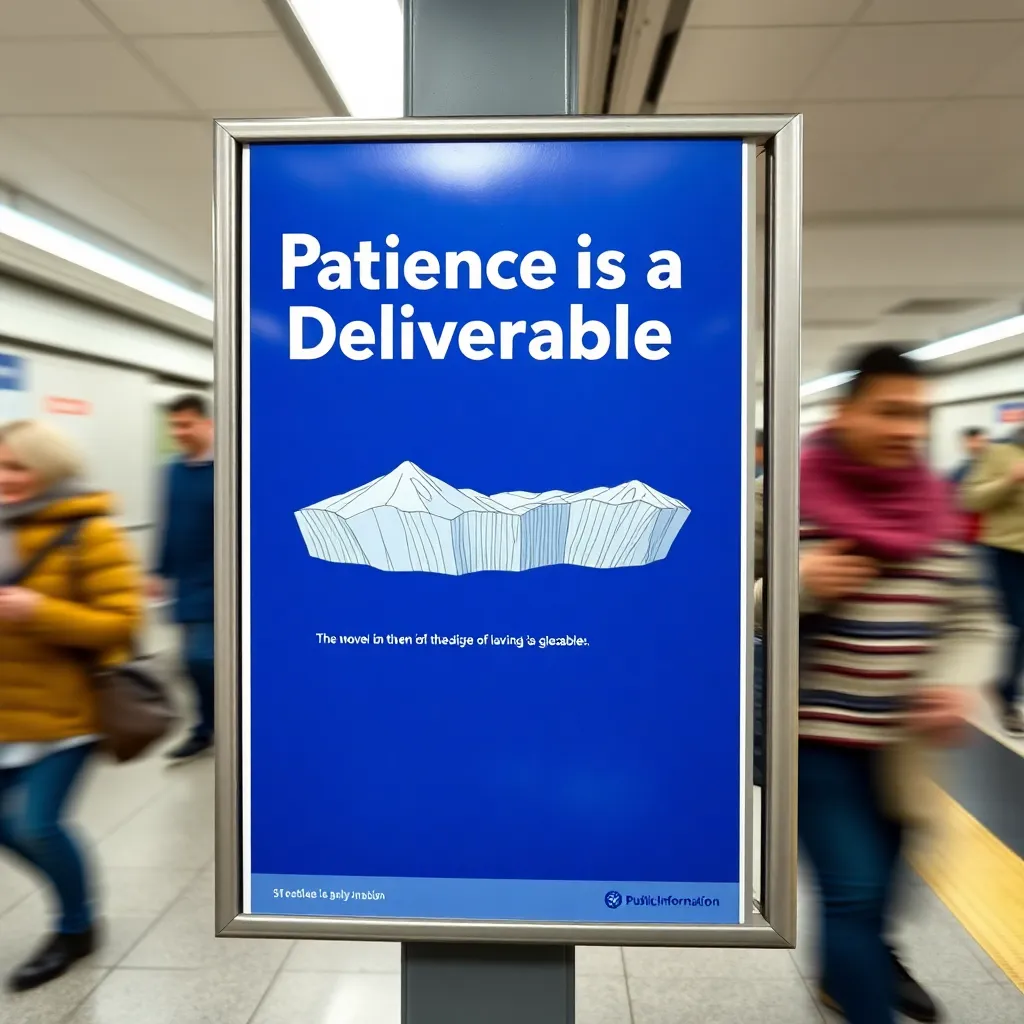 A public information poster in a subway station showing a diagram of a slow-moving glacier, with the text 'Patience is a Deliverable' in a sober, serif font, commuters walking past in motion blur.