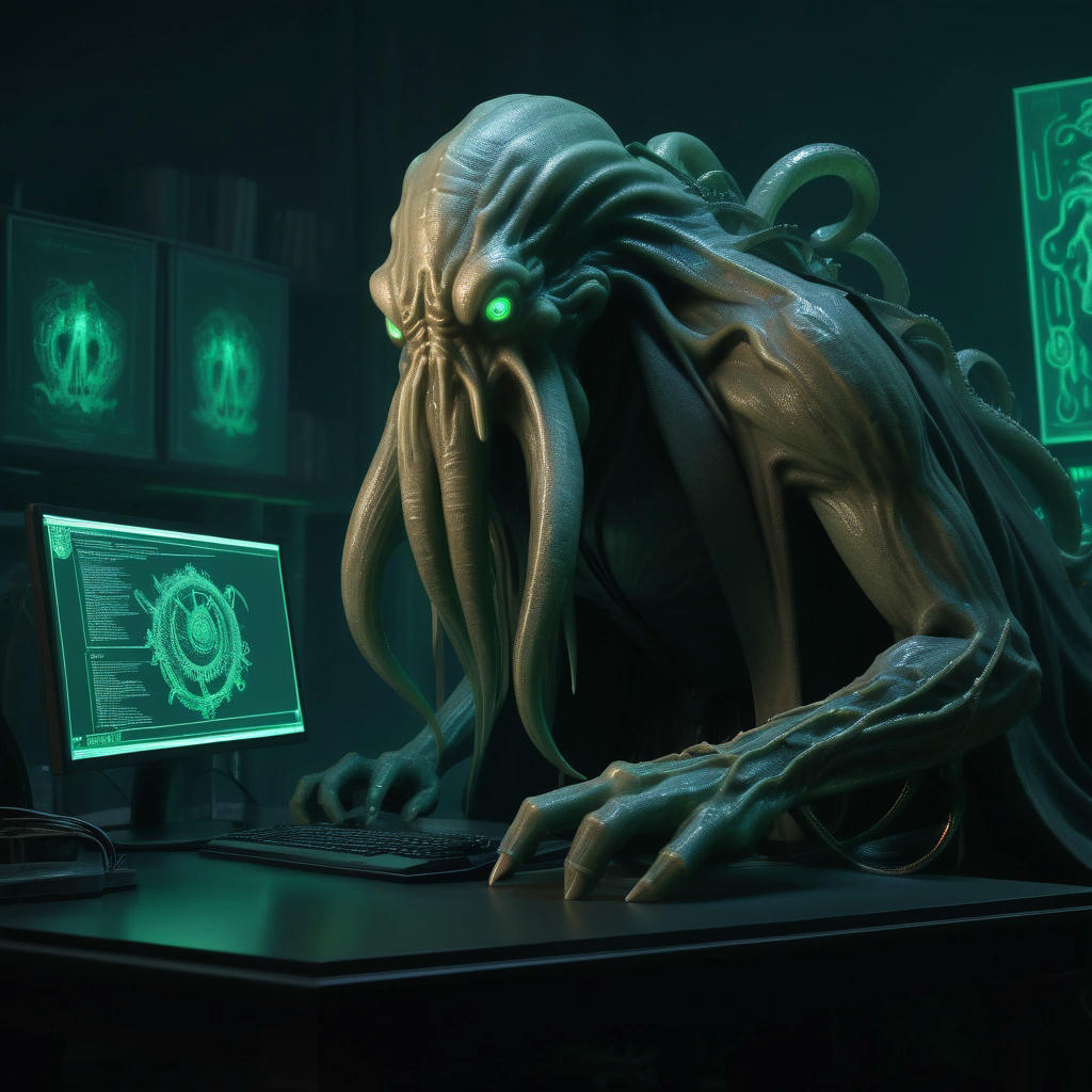 Cthulhu pondering over lines of JavaScript code