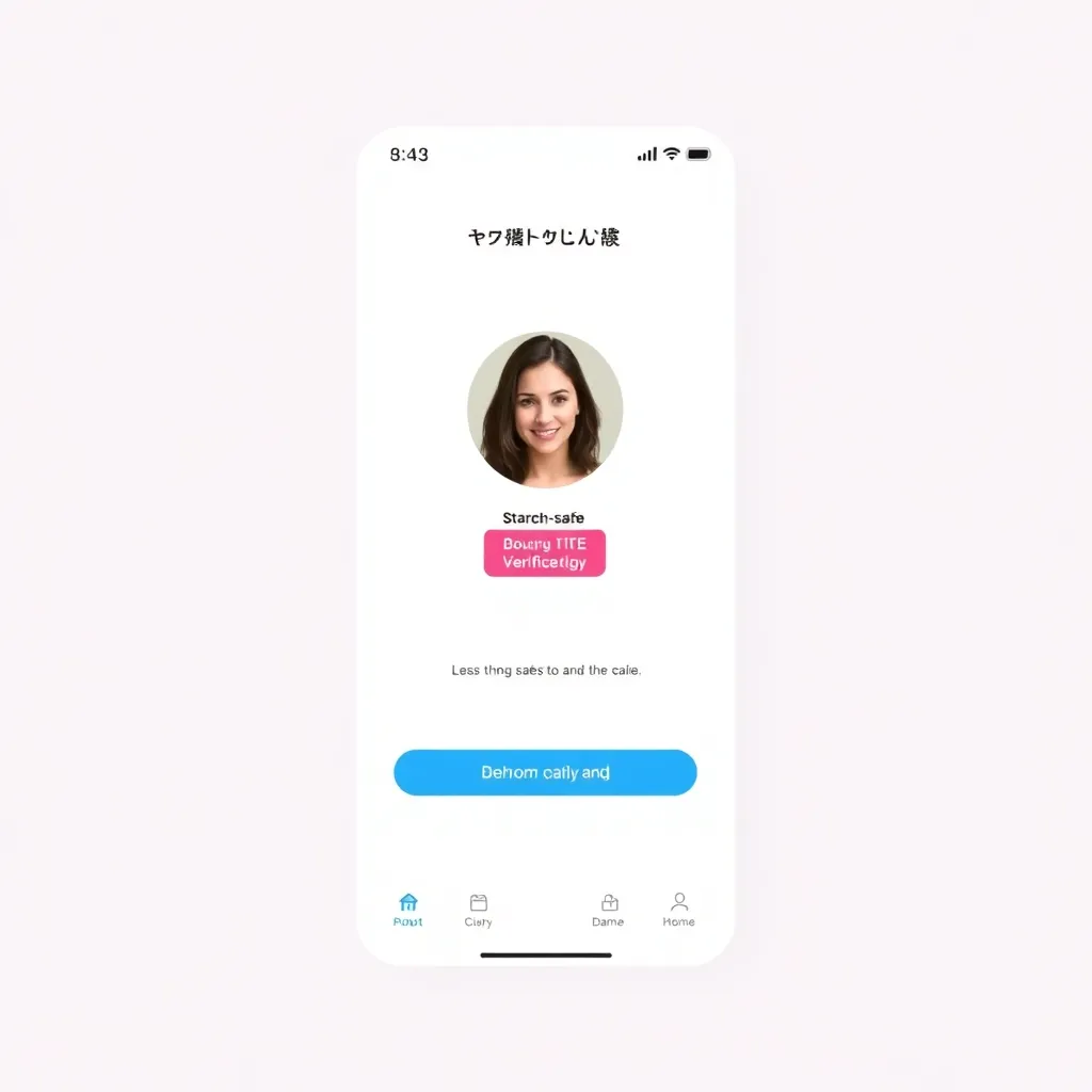 A screenshot of a mobile dating app interface showing a user profile with a 'Starch-Safe' verification badge, clean minimalist UI, soft blue and white color palette.