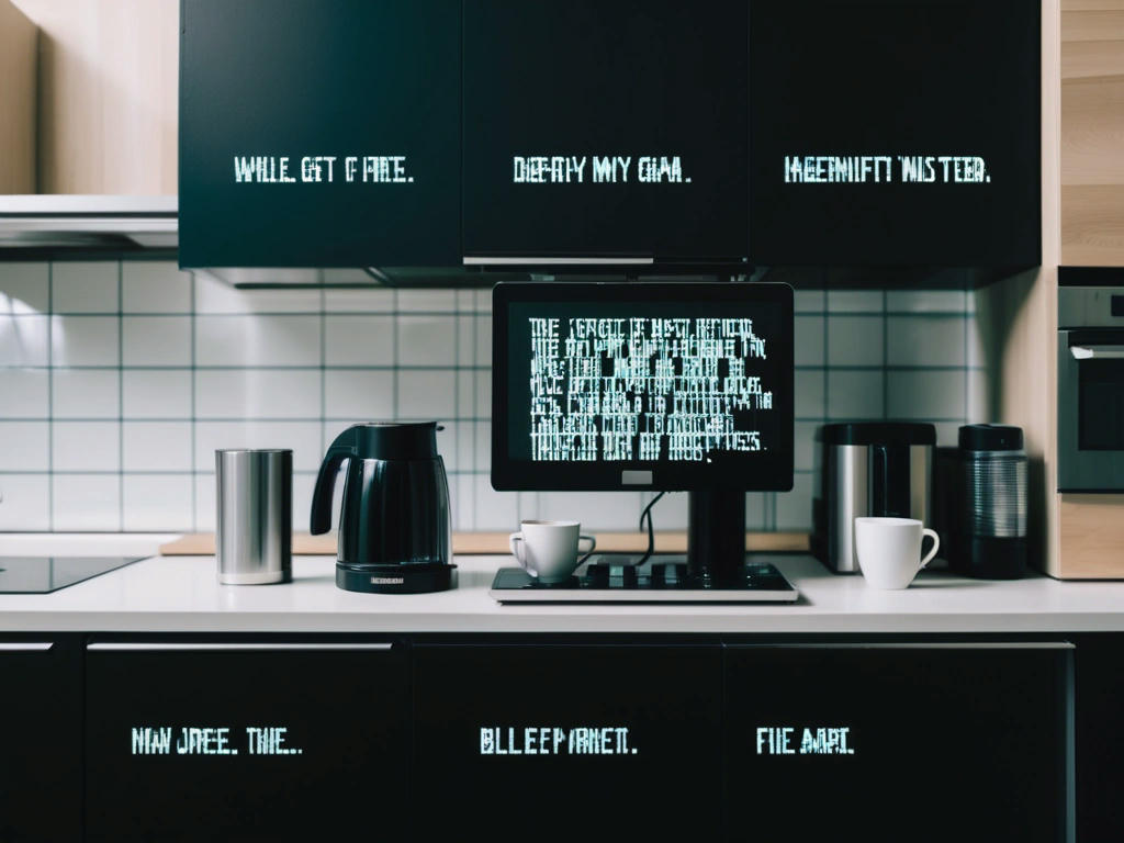 a modern kitchen with a coffee maker displaying glitchy, corrupted text on its screen