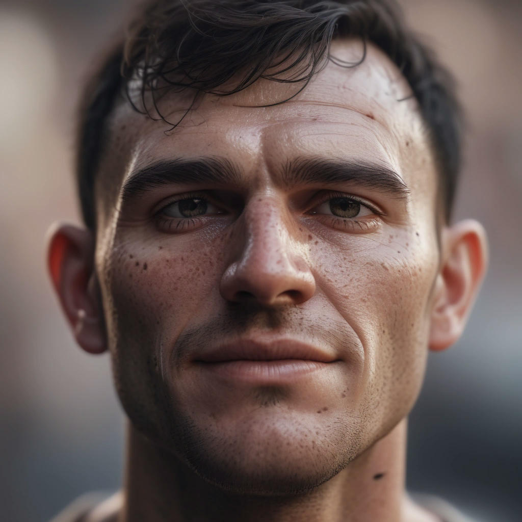 A close-up of a person's face, with a few freckles, a small scar above the eyebrow, and a gentle, knowing smile, set against a blurred background, highly detailed, realistic, 8k, trending on artstation