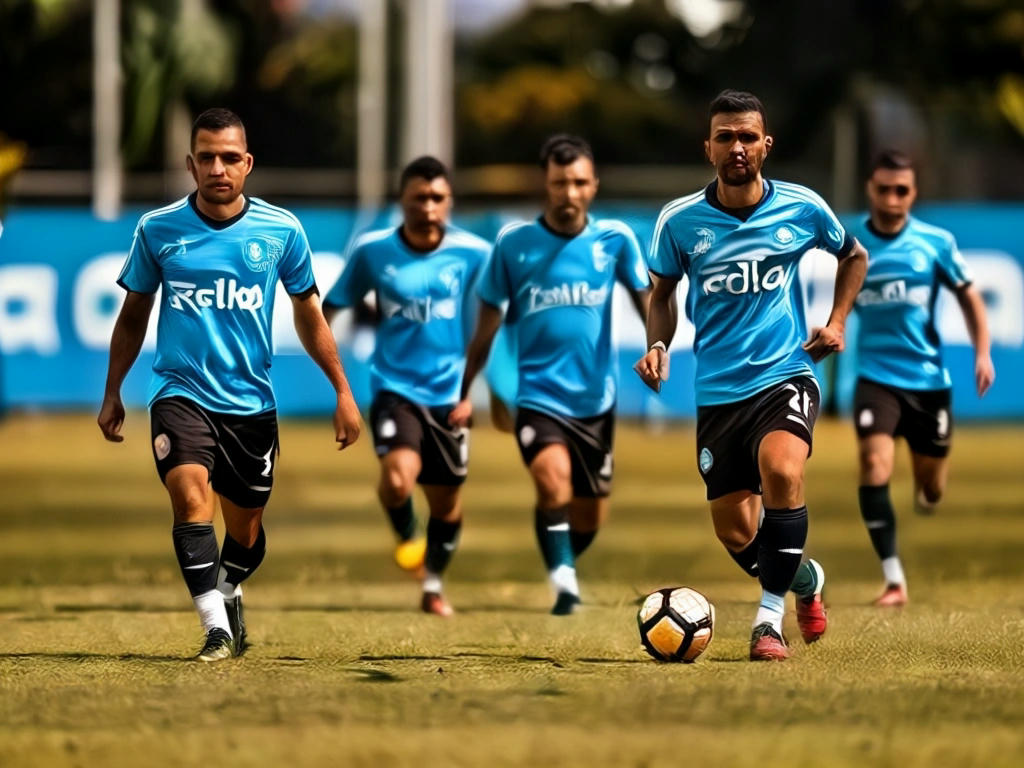 jogadores do Grêmio treinando no campo, expressão de concentração, técnico interino orientando