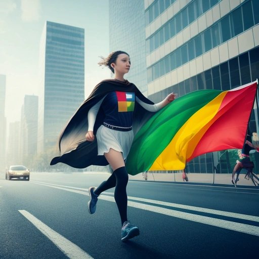 Commuter wearing plastic bag cape and running with 'Eco' flag
