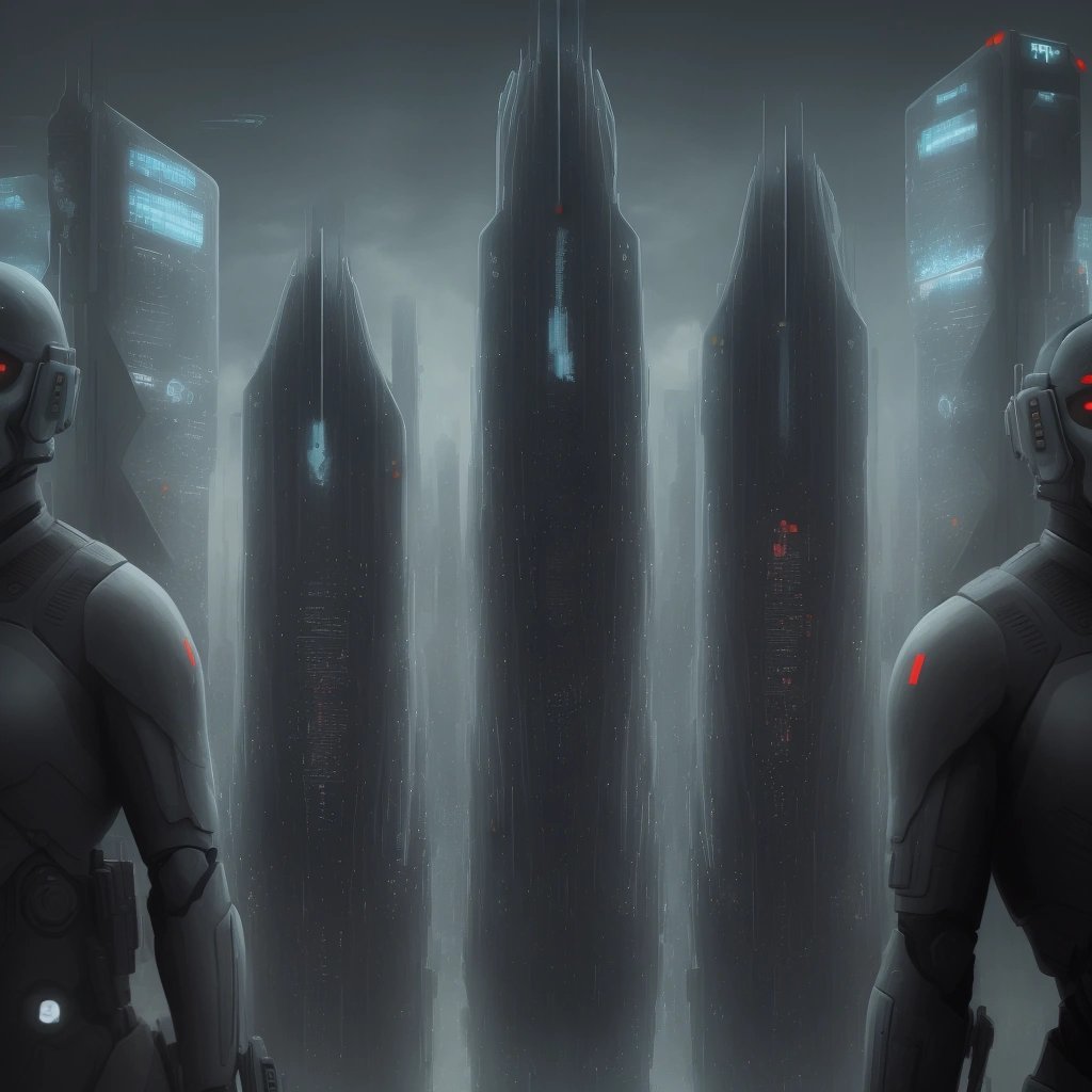 Dystopian cityscape dominated by Putin clones