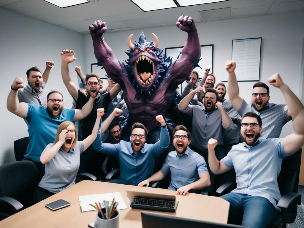 a victorious team celebrating in the office, the defeated Scope Creep Monster retreating in the background