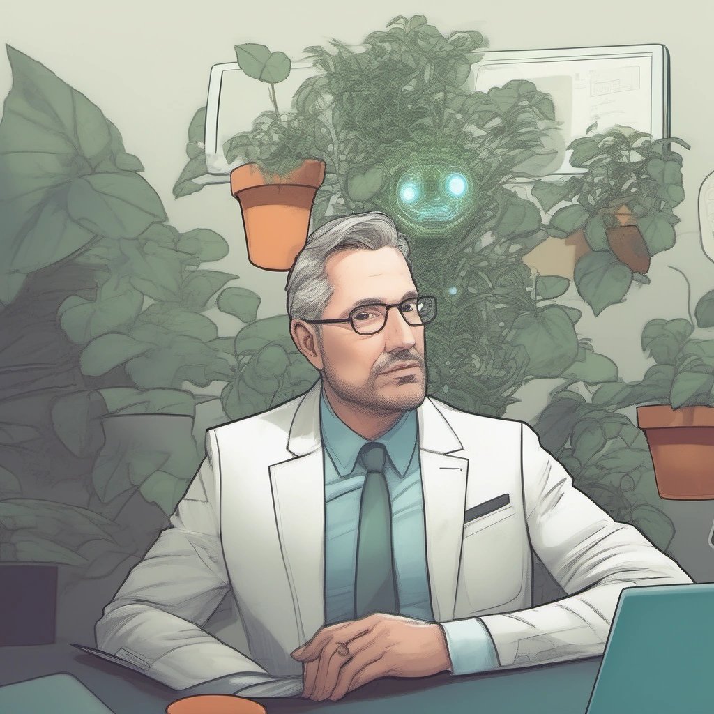 Potted plant CEO with thought bubble of futuristic technology