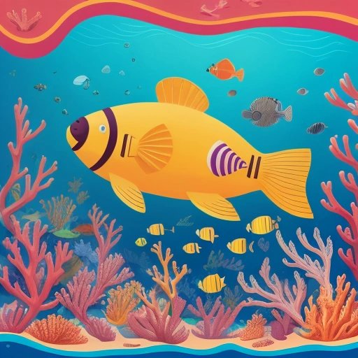 Yellow submarine surrounded by sea creatures and coral
