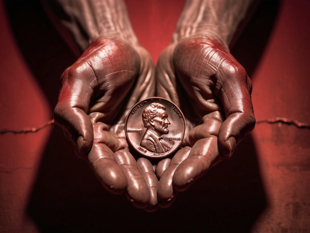 Close up of weathered hands holding a single penny against a red institutional backdrop, dramatic lighting, symbolizing despair