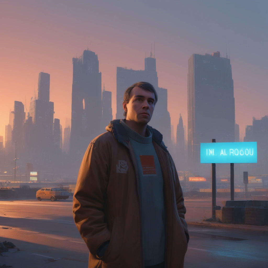 a person holding a sign that says 'I'm a writer, not a robot', standing in front of a cityscape, with a determined expression, warm lighting, concept art by Simon Stalenhag and Syd Mead