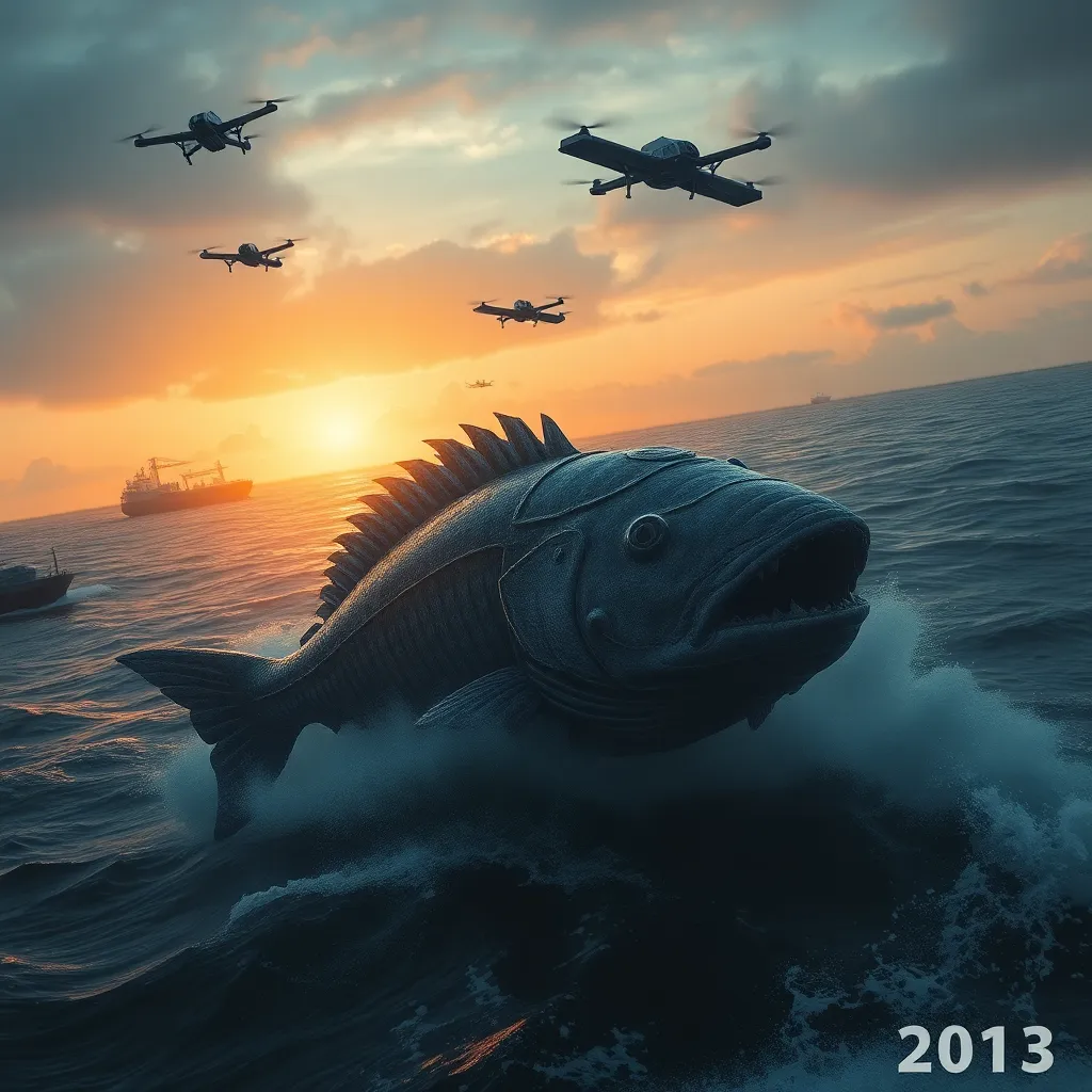 a massive armored mutant sea bass patrolling a narrow strategic sea lane at sunrise, oil tankers in the distance, dramatic waves, military surveillance drones overhead, realistic ocean textures, ominous and majestic mood