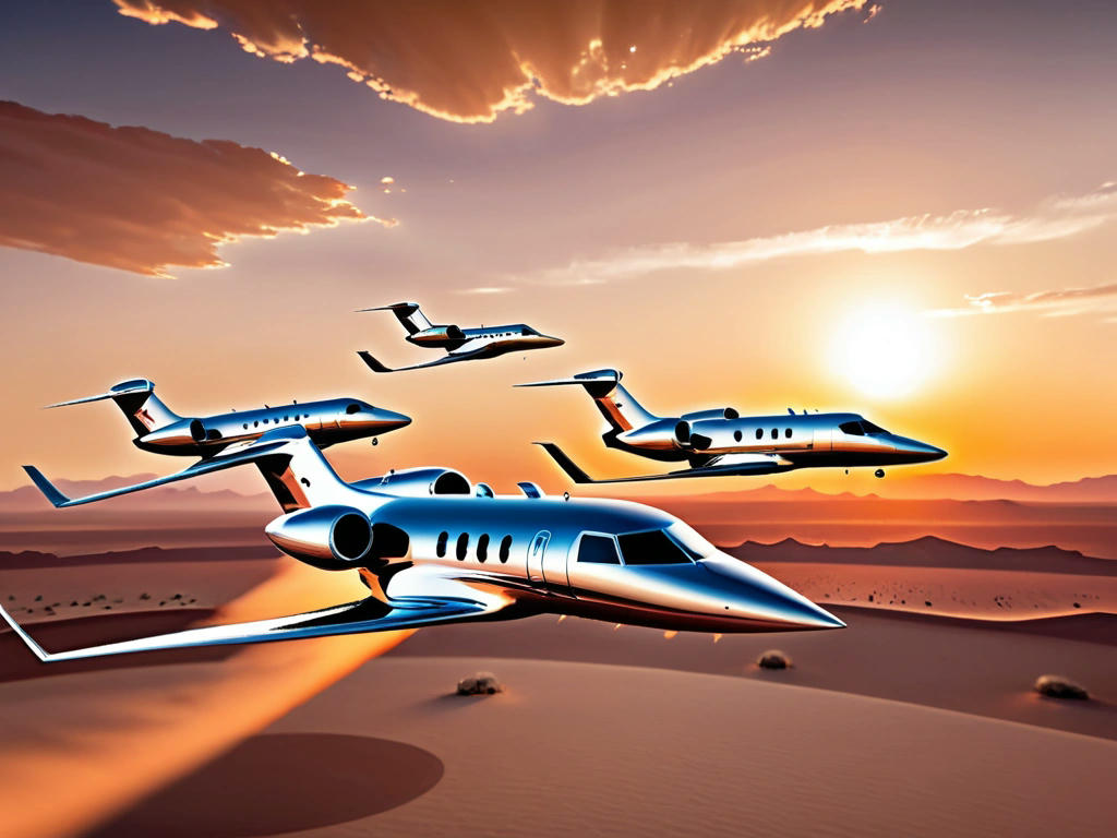 private jets in formation, flying over a desert landscape, with a dramatic sunset in the background