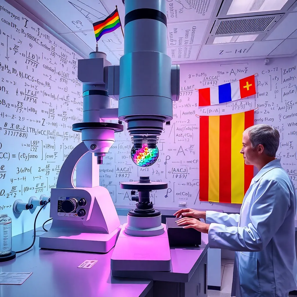 A scientific laboratory where researchers are examining a single sequin under a massive electron microscope, the walls are covered in complex mathematical equations and rainbow flags