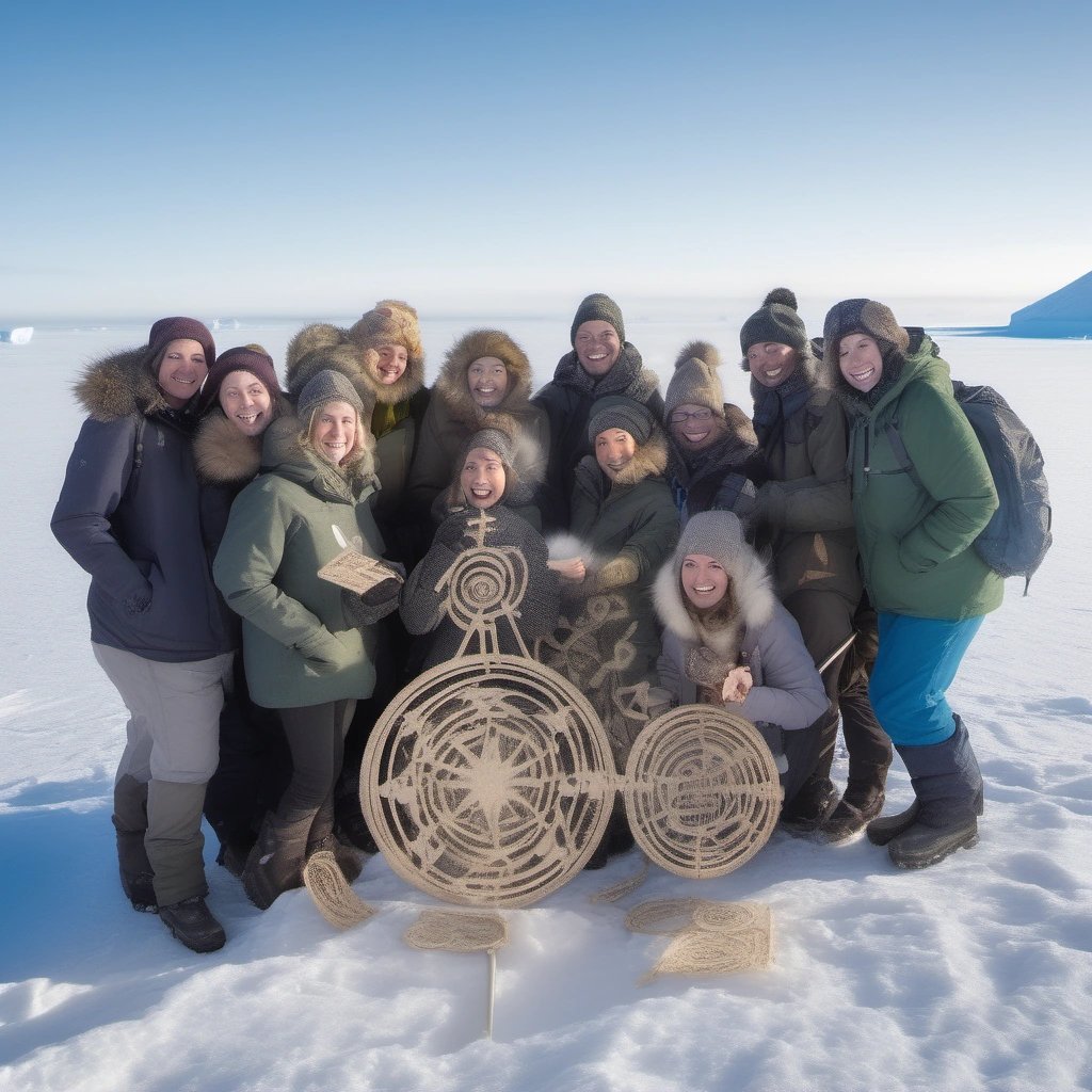 Tourists in Antarctica with crop circle merchandise