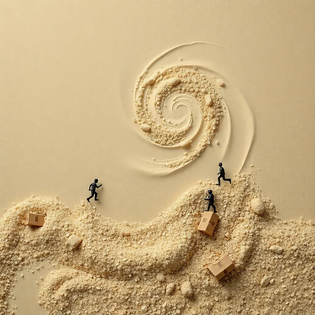 A surreal close-up of a beige wall texture transforming into a swirling galaxy of sand, oatmeal, and cardboard boxes, with tiny humanoid figures climbing the bumps in the paint
