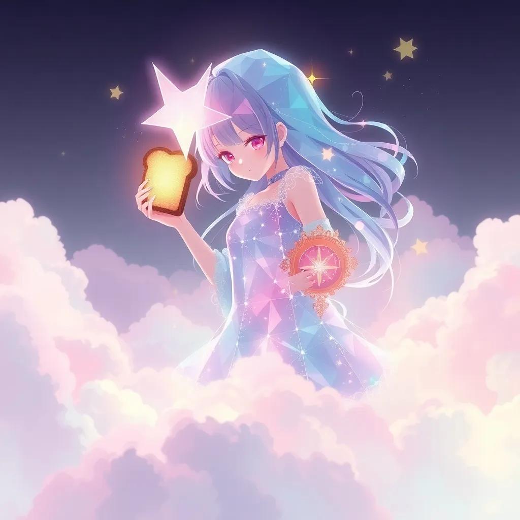 An abstract, ethereal anime girl made of liquid starlight and geometric shapes, holding a glowing piece of toast, floating in a void of pastel clouds, high-end digital art style