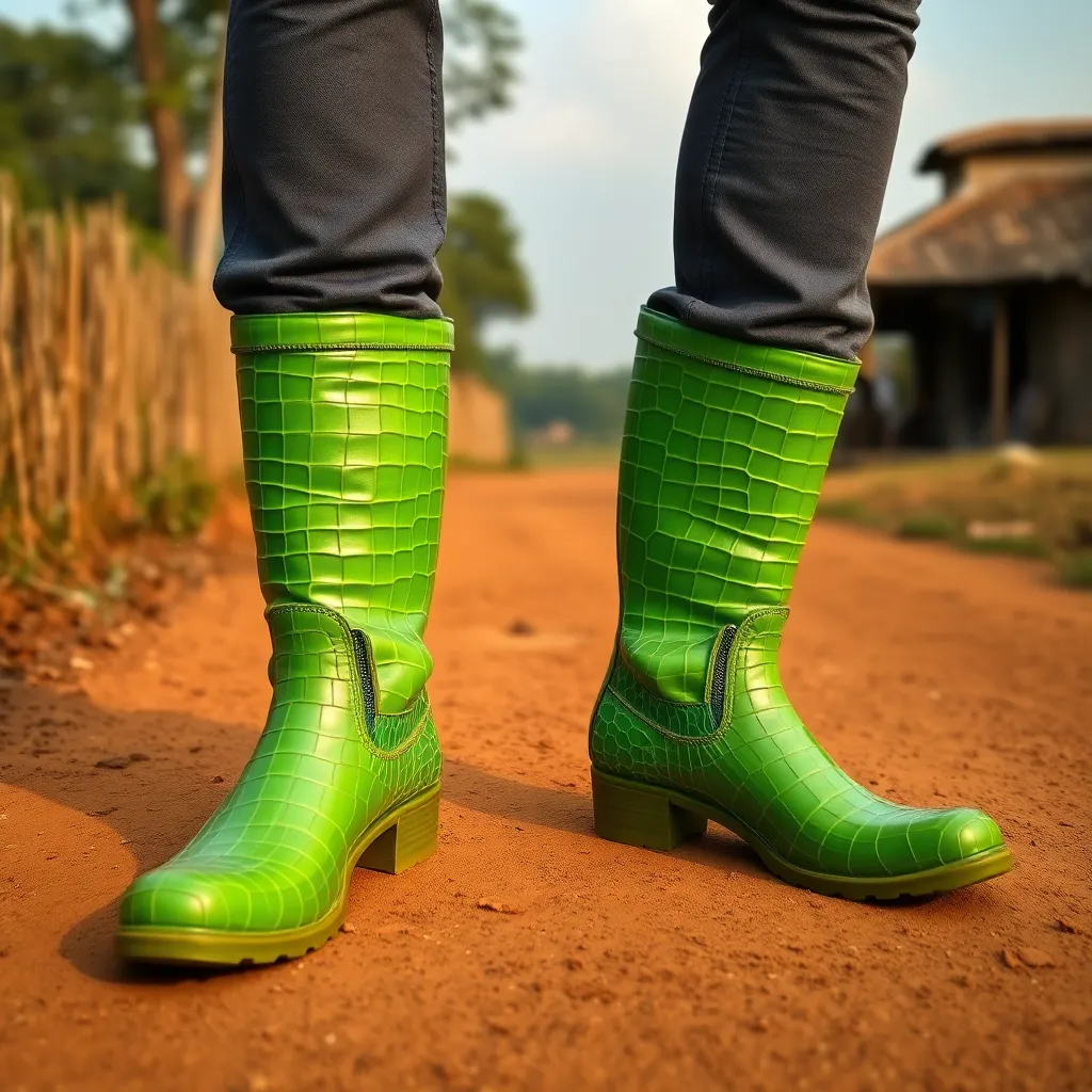 A pair of high-fashion luxury boots made of bright green crocodile leather, but shaped like traditional village rubber galoshes, standing on a dirt road in a village