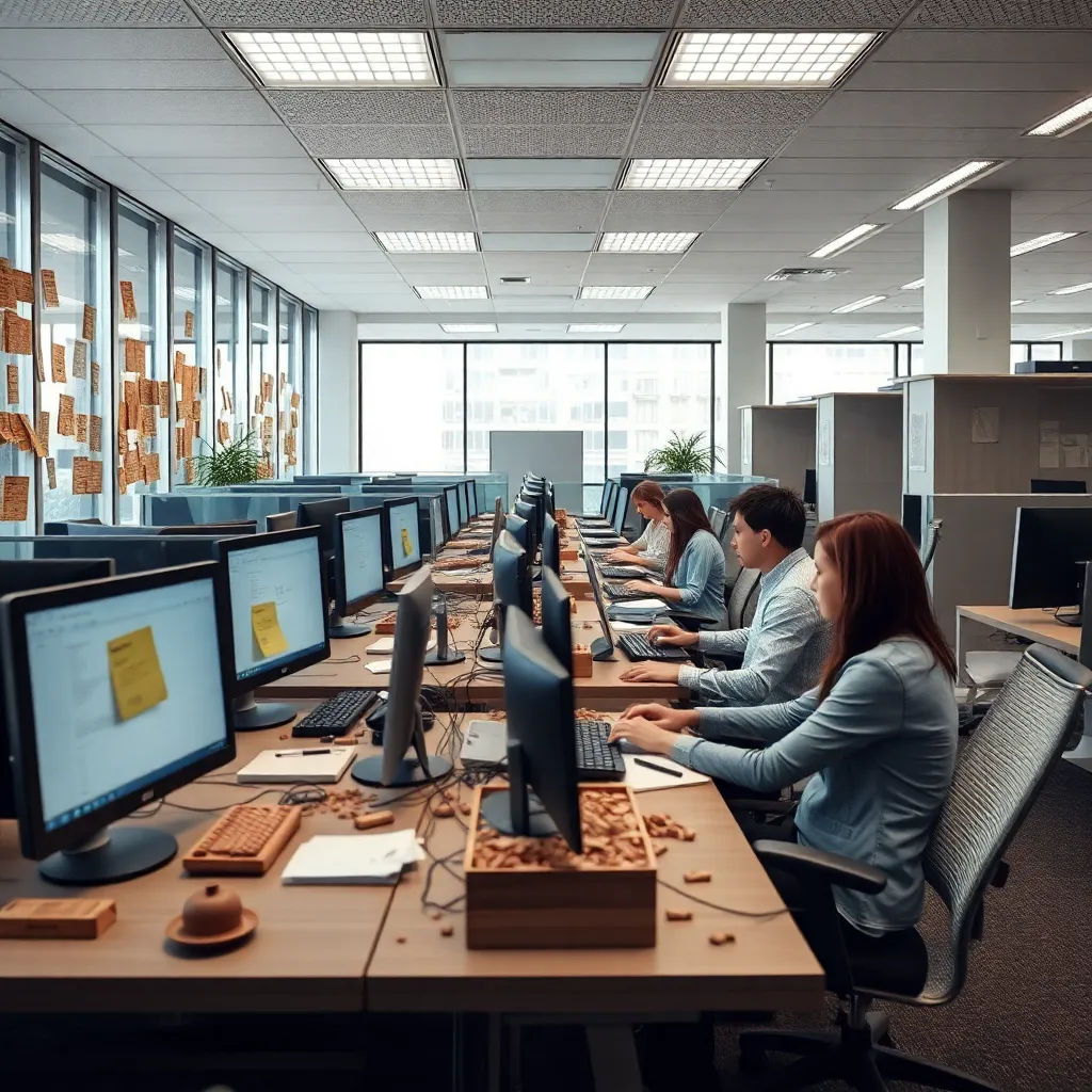 modern open-plan office where employees type furiously on clay tablets instead of computers, sticky notes made of dried mud plastered on cubicle walls, a 'cuneiform spam' folder overflowing with tiny broken shards