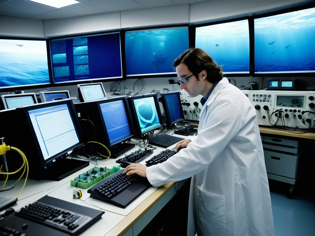 a photograph of a scientist studying oceanic data in a laboratory, with a backdrop of oceanic equipment and computer screens