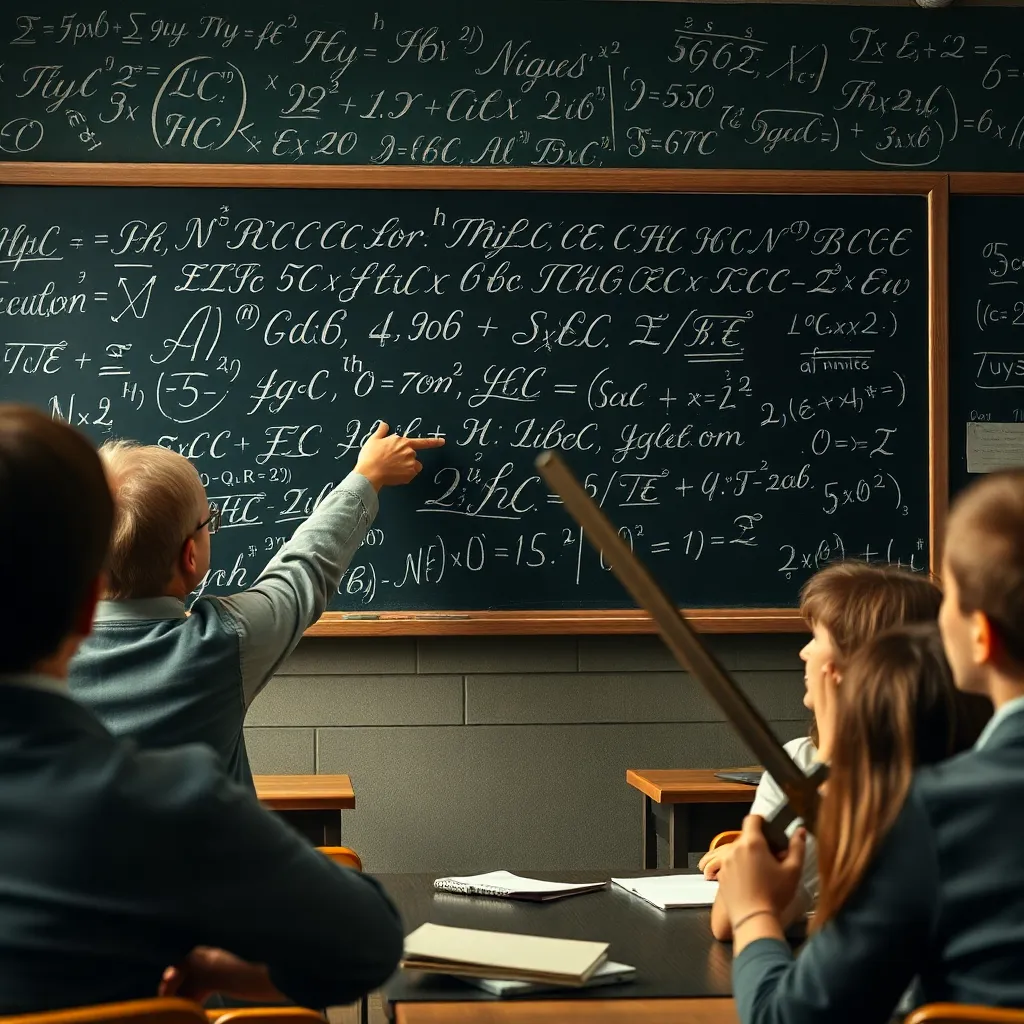 a chaotic classroom where a teacher points at a blackboard filled with impossibly ornate mathematical script letters and equations, students squinting, one student holding a ruler like a sword, cinematic detail, humorous realism