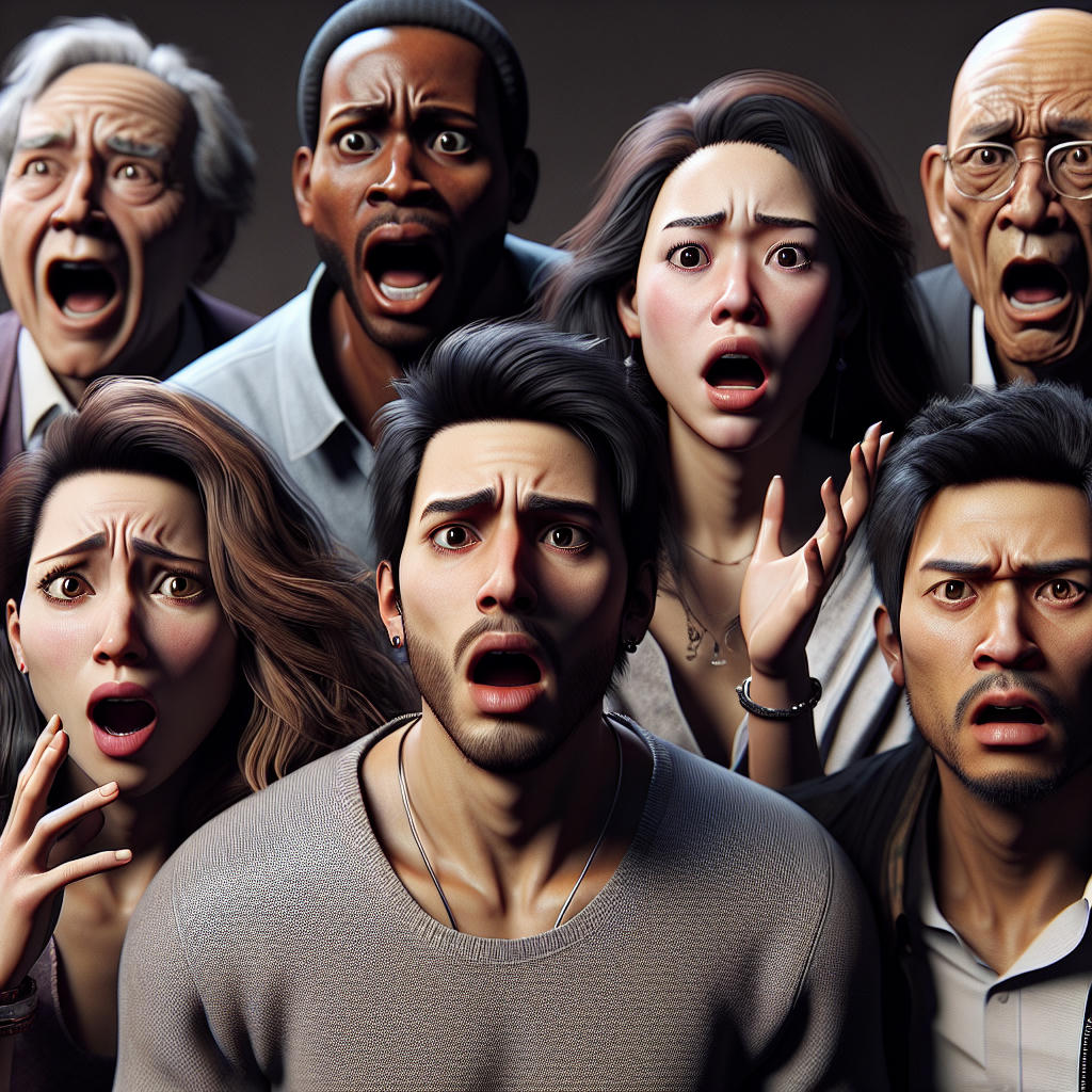 a diverse group of people reacting to surprising news, mixed emotions, realistic, photorealistic, intricate details, dramatic lighting, award-winning photography