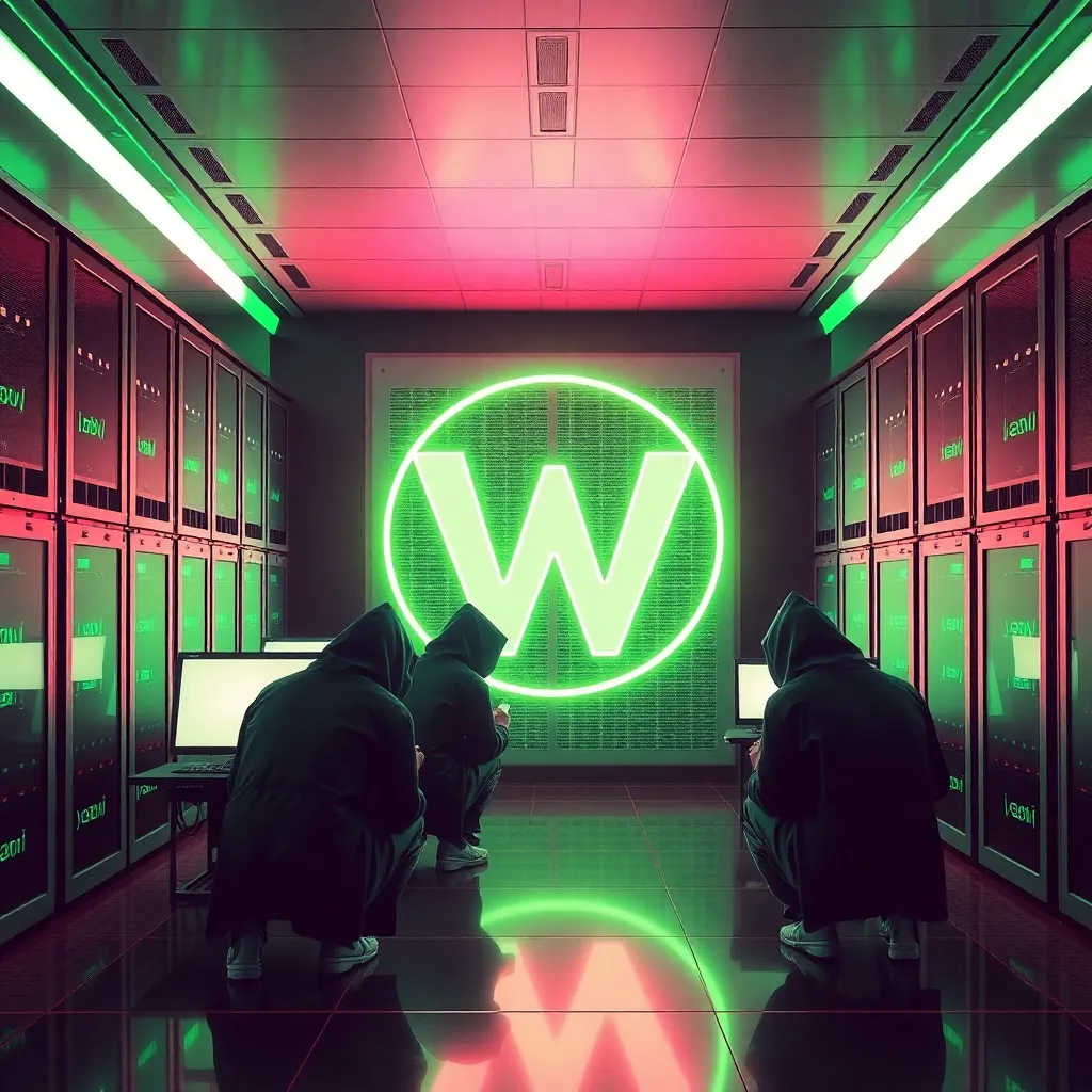 A futuristic server room where all the screens are glowing a solid, flat neon green, hooded tech-priests bowing before a giant glowing .webp logo, cyberpunk aesthetic