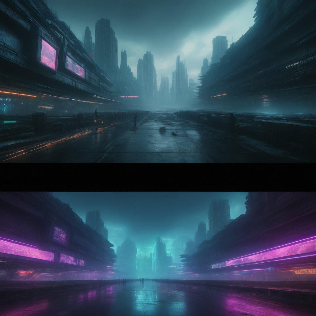 A split-screen image, with Jensen Huang's speech on one side, and a dystopian cityscape with surveillance drones and neon lights on the other, photorealistic, 8k, cinematic lighting, concept art by Zdzisław Beksiński and H.R. Giger