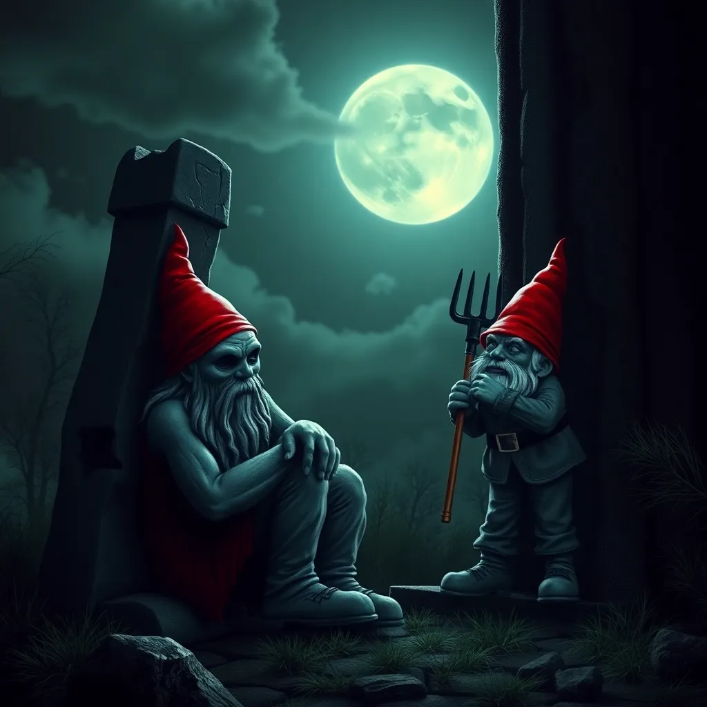 Cthulhu cowering in a fetal position behind a crumbling R'lyeh pillar, peeking out in terror at a single, cheerful garden gnome holding a tiny pitchfork, moonlight casting dramatic shadows, gnome glowing with an eerie, menacing aura